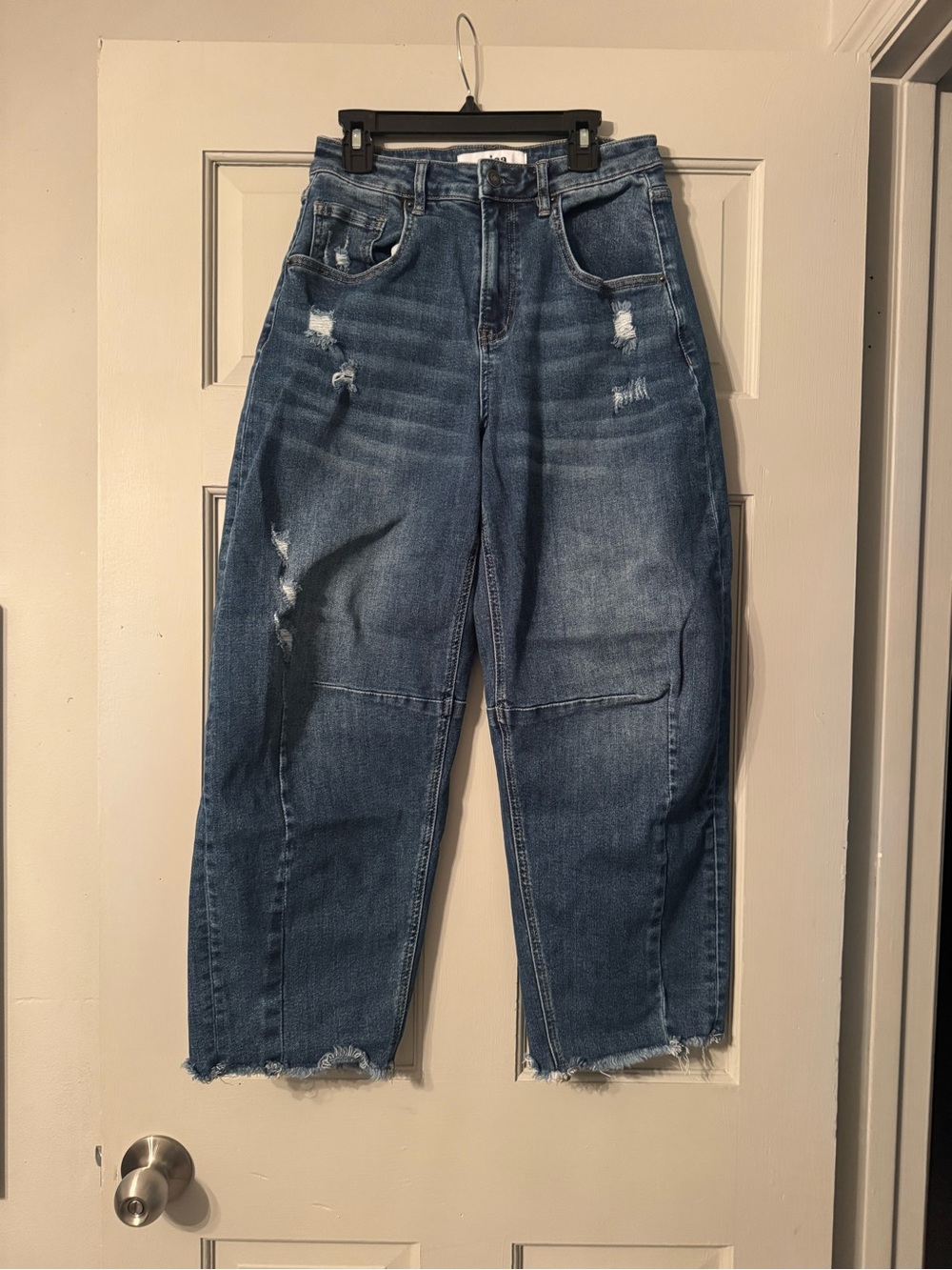 High-Rise Distressed Wide-Leg barrel Jeans in Denim Blue